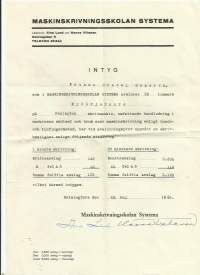 Maskinskrivningskolan Systema Intyg 1946 - konekirjoituskoulun todistus