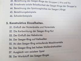 Seeger-Ringe, Truarc-Ringe, Sprengring, Stütz- und Passscheiben, Montagegeräte -kuvasto, tekniset ominaisuudet, mitat, käyttöohjeita ym., saksankielinen