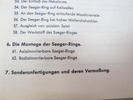 Seeger-Ringe, Truarc-Ringe, Sprengring, Stütz- und Passscheiben, Montagegeräte -kuvasto, tekniset ominaisuudet, mitat, käyttöohjeita ym., saksankielinen