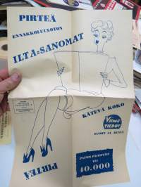 Pirteä ennakkoluuloton Ilta-Sanomat - Viime tiedot sanoin ja kuvin -lehden mainos, kääntöpuolella Suurmessut 1950 osastokartat -exhibition map