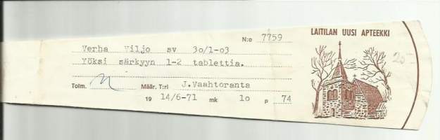 Laitilan Uusi  Apteekki  - resepti signatuuri  1964