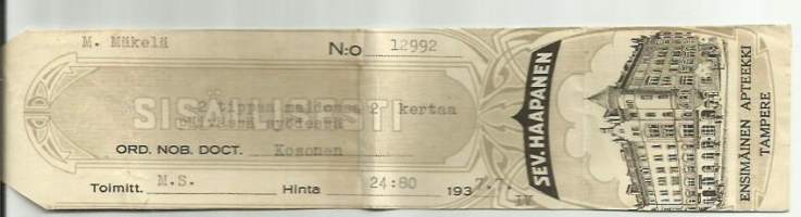Ensimmäinen Apteekki Sev Haapanen Tampere resepti signatuuri 1937