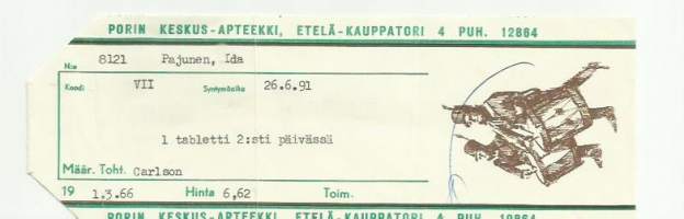 Porin Keskus-Apteekki Poriresepti signatuuri 1966