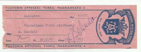 Puutorin Apteekki Turku  resepti signatuuri 1961