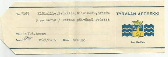 Tyrvään Apteekki Leo Rautiala resepti signatuuri 1957