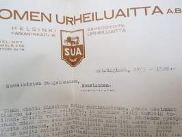 Oy Suomen urheiluaitta Ab - SUA - Päähinnasto 1926 - mukana saatekirje osoitettuna &quot;Nousiaisten Suojeluskunta, Nousiainen&quot;, luettelossa myös Suojeluskuntatarvikkeita