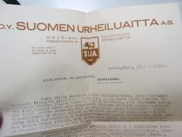 Oy Suomen urheiluaitta Ab - SUA - Päähinnasto 1926 - mukana saatekirje osoitettuna &quot;Nousiaisten Suojeluskunta, Nousiainen&quot;, luettelossa myös Suojeluskuntatarvikkeita