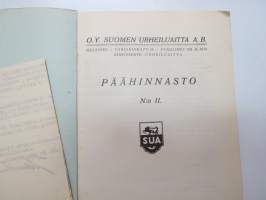 Oy Suomen urheiluaitta Ab - SUA - Päähinnasto 1926 - mukana saatekirje osoitettuna &quot;Nousiaisten Suojeluskunta, Nousiainen&quot;, luettelossa myös Suojeluskuntatarvikkeita