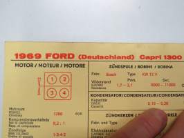 Ford Capri 1300 1969 (Germany) - Sun Electric Corporation -säätöarvokortti, monikielinen - englanti - espanja - saksa - ranska - Technical specifications card