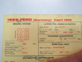Ford Capri 1300 1969 (Germany) - Sun Electric Corporation -säätöarvokortti, monikielinen - englanti - espanja - saksa - ranska - Technical specifications card