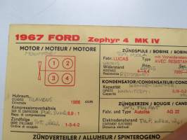Ford Zephyr 4 MK IV 1967 Sun Electric Corporation -säätöarvokortti, monikielinen - englanti - espanja - saksa - ranska - Technical specifications card
