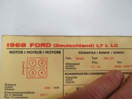 Ford 1.7 L LC (Germany) 1968 Sun Electric Corporation -säätöarvokortti, monikielinen - englanti - espanja - saksa - ranska - Technical specifications card