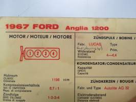Ford Anglia 1200 1967 Sun Electric Corporation -säätöarvokortti, monikielinen - englanti - espanja - saksa - ranska - Technical specifications card