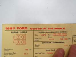 Ford Corsair GT and 2000 E 1967 Sun Electric Corporation -säätöarvokortti, monikielinen - englanti - espanja - saksa - ranska - Technical specifications card
