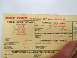 Ford Corsair GT and 2000 E 1967 Sun Electric Corporation -säätöarvokortti, monikielinen - englanti - espanja - saksa - ranska - Technical specifications card