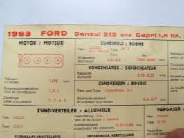 Ford Consul 315 and Capri 1,5 litr. (from eng. nr 116 E 00001) 1963 Sun Electric Corporation -säätöarvokortti, monikielinen - englanti - espanja - saksa - ranska