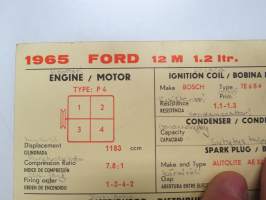 Ford 12 M 1.2 ltr. 1965 Sun Electric Corporation -säätöarvokortti, monikielinen - englanti - espanja - saksa - ranska -Technical specific
