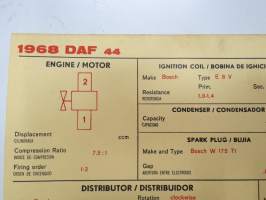 Daf 44 1968 Sun Electric Corporation -säätöarvokortti, monikielinen - englanti - espanja - saksa - ranska -Technical specifications card