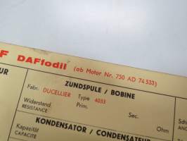 Daf Daffodil 1964 (from eng. nr  750 AD 74533) Sun Electric Corporation -säätöarvokortti, monikielinen - englanti - espanja - saksa - ranska -Technical specification