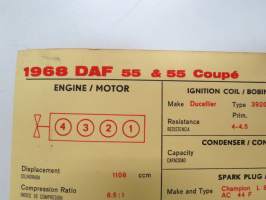 Daf 55 &amp; 55 Coupé 1968 Sun Electric Corporation -säätöarvokortti, monikielinen - englanti - espanja - saksa - ranska -Technical specifications card