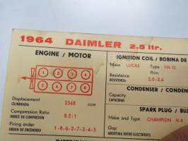 Daimler 2,5 ltr. 1964 Sun Electric Corporation -säätöarvokortti, monikielinen - englanti - espanja - saksa - ranska -Technical specifications card