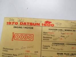 Datsun 1600 1970 Sun Electric Corporation -säätöarvokortti, monikielinen - englanti - espanja - saksa - ranska -Technical specifications card