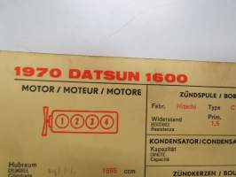Datsun 1600 1970 Sun Electric Corporation -säätöarvokortti, monikielinen - englanti - espanja - saksa - ranska -Technical specifications card