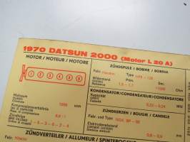 Datsun 2000 1970 Engine L20A Sun Electric Corporation -säätöarvokortti, monikielinen - englanti - espanja - saksa - ranska -Technical specifications card