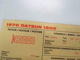 Datsun 1800 1970 Sun Electric Corporation -säätöarvokortti, monikielinen - englanti - espanja - saksa - ranska -Technical specifications card