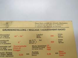 Datsun 1800 1970 Sun Electric Corporation -säätöarvokortti, monikielinen - englanti - espanja - saksa - ranska -Technical specifications card