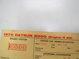 Datsun 2000 1970 Engine H 20 Sun Electric Corporation -säätöarvokortti, monikielinen - englanti - espanja - saksa - ranska -Technical specifications card