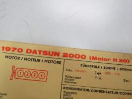 Datsun 2000 1970 Engine H 20 Sun Electric Corporation -säätöarvokortti, monikielinen - englanti - espanja - saksa - ranska -Technical specifications card