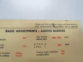 Fiat 1500 1964 L and Cabriolet Sun Electric Corporation -säätöarvokortti, monikielinen - englanti - espanja - saksa - ranska -Technical specifications card