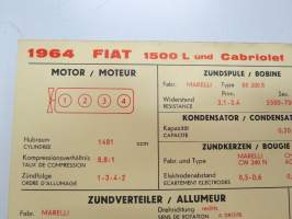 Fiat 1500 1964 L and Cabriolet Sun Electric Corporation -säätöarvokortti, monikielinen - englanti - espanja - saksa - ranska -Technical specifications card
