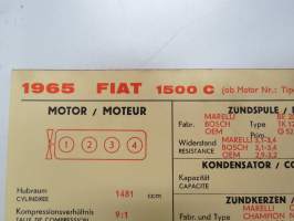 Fiat 1500 C 1965 ab Motor Nr.: Tipo 115 C 000 Sun Electric Corporation -säätöarvokortti, monikielinen -  saksa - ranska -Technical specifications card