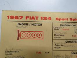 Fiat 124 1967 Sport Spider, Coupé Sun Electric Corporation -säätöarvokortti, monikielinen - englanti - espanja - saksa - ranska -Technical specifications card