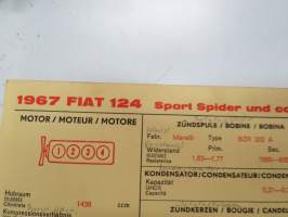 Fiat 124 1967 Sport Spider, Coupé Sun Electric Corporation -säätöarvokortti, monikielinen - englanti - espanja - saksa - ranska -Technical specifications card