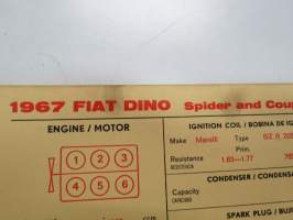 Fiat Dino 1967 Spider and Coupé Sun Electric Corporation -säätöarvokortti, monikielinen - englanti - espanja - saksa - ranska -Technical specifications card