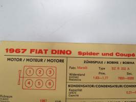 Fiat Dino 1967 Spider and Coupé Sun Electric Corporation -säätöarvokortti, monikielinen - englanti - espanja - saksa - ranska -Technical specifications card