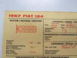 Fiat 124 1967 Spider and Coupé Sun Electric Corporation -säätöarvokortti, monikielinen - englanti - espanja - saksa - ranska -Technical specifications card