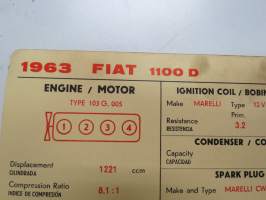 Fiat 1100 D 1964 Sun Electric Corporation -säätöarvokortti, monikielinen - englanti - espanja - saksa - ranska -Technical specifications card