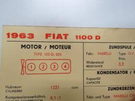Fiat 1100 D 1964 Sun Electric Corporation -säätöarvokortti, monikielinen - englanti - espanja - saksa - ranska -Technical specifications card