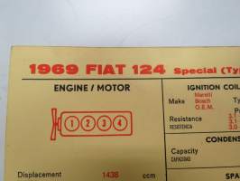 Fiat 124 1969 Special (Type 124 B2. 000) Sun Electric Corporation -säätöarvokortti, monikielinen - englanti - espanja - saksa - ranska -Technical specifications card