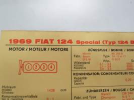 Fiat 124 1969 Special (Type 124 B2. 000) Sun Electric Corporation -säätöarvokortti, monikielinen - englanti - espanja - saksa - ranska -Technical specifications card