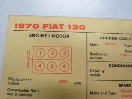Fiat 130 1970 Sun Electric Corporation -säätöarvokortti, monikielinen - englanti - espanja - saksa - ranska -Technical specifications card