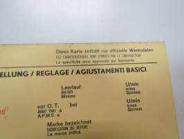 Fiat 130 1970 Sun Electric Corporation -säätöarvokortti, monikielinen - englanti - espanja - saksa - ranska -Technical specifications card