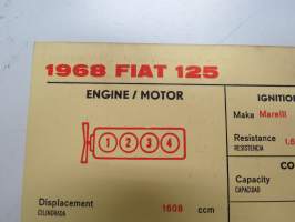 Fiat 125 1968 Sun Electric Corporation -säätöarvokortti, monikielinen - englanti - espanja - saksa - ranska -Technical specifications card