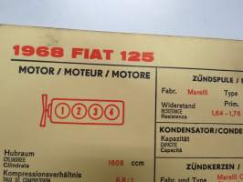 Fiat 125 1968 Sun Electric Corporation -säätöarvokortti, monikielinen - englanti - espanja - saksa - ranska -Technical specifications card