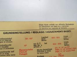 Fiat 125 1968 Sun Electric Corporation -säätöarvokortti, monikielinen - englanti - espanja - saksa - ranska -Technical specifications card