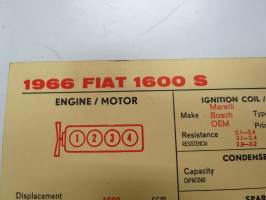 Fiat 1600 S 1966 Sun Electric Corporation -säätöarvokortti, monikielinen - englanti - espanja - saksa - ranska -Technical specifications card